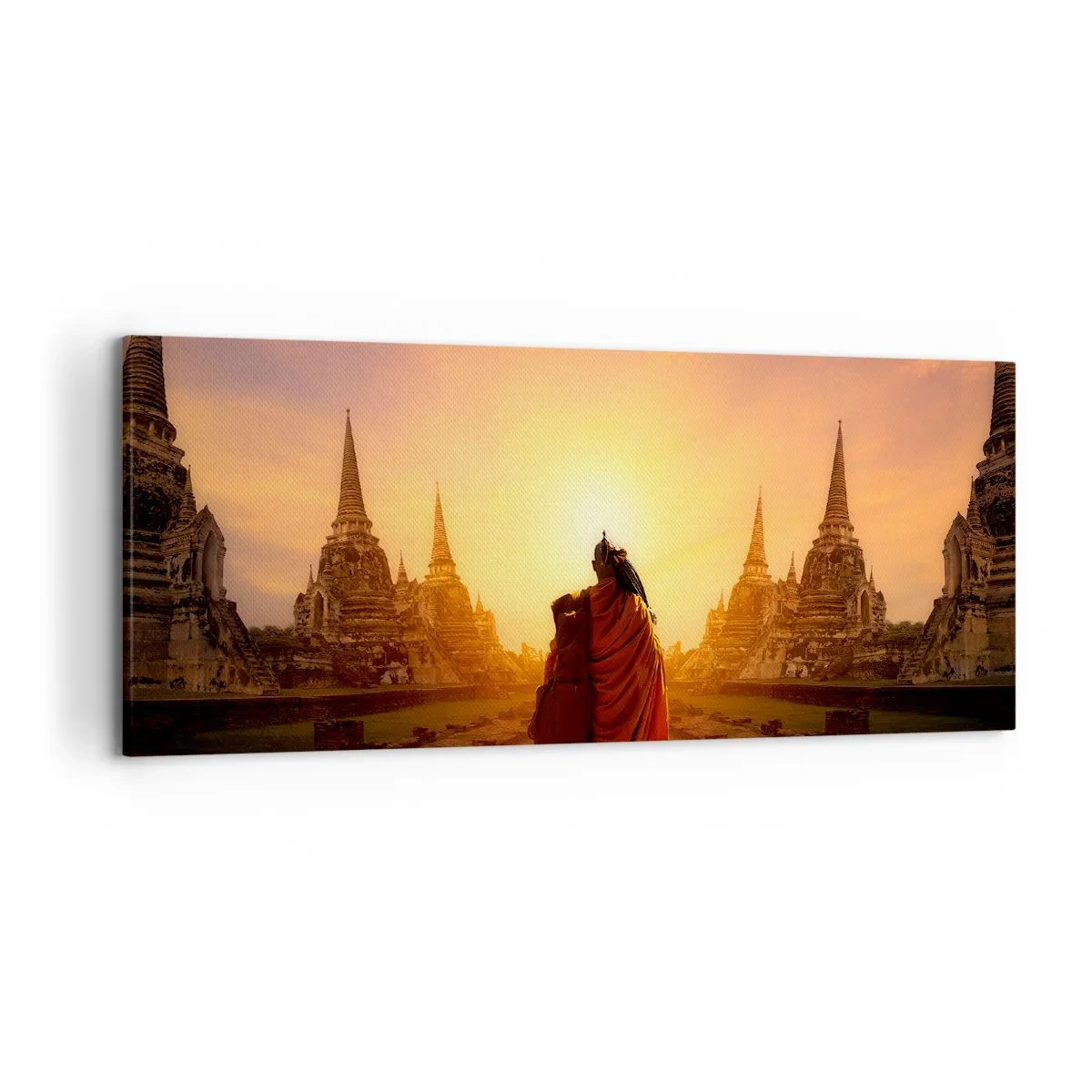 Cuadro sobre lienzo - Impresión de Imagen - Un monje entre los templos al atardecer. - 120x50cm - En paz por la eternidad - Decoración de pared moderna para salón y dormitorio ARTTOR