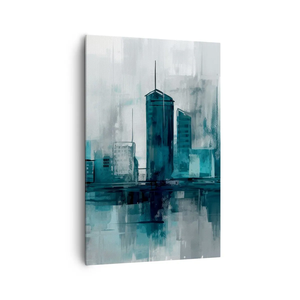 Cuadro sobre lienzo - Impresión de Imagen - Una ciudad moderna en tonos turquesa y gris. - 80x120cm - Ciudad color lluvia - Decoración de pared moderna para salón y dormitorio ARTTOR