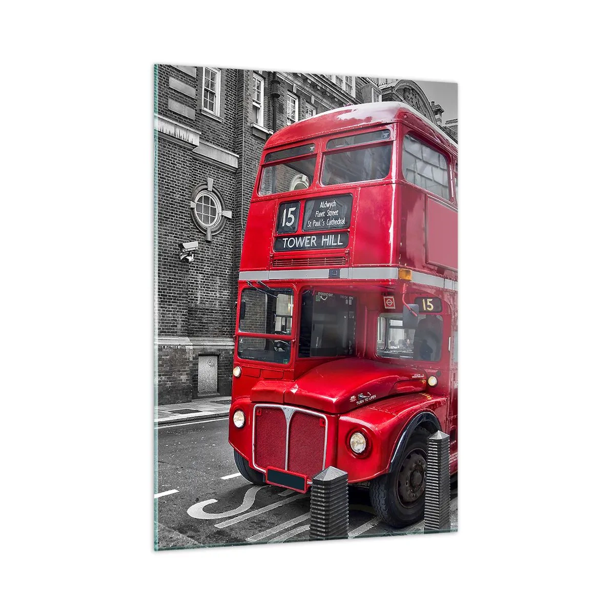 Cuadro sobre vidrio - Impresiones sobre Vidrio - Un autobús rojo de Londres sobre un fondo de calle en blanco y negro. - 50x70cm - El mismo de siempre - Decoración de pared moderna para salón y dormitorio ARTTOR