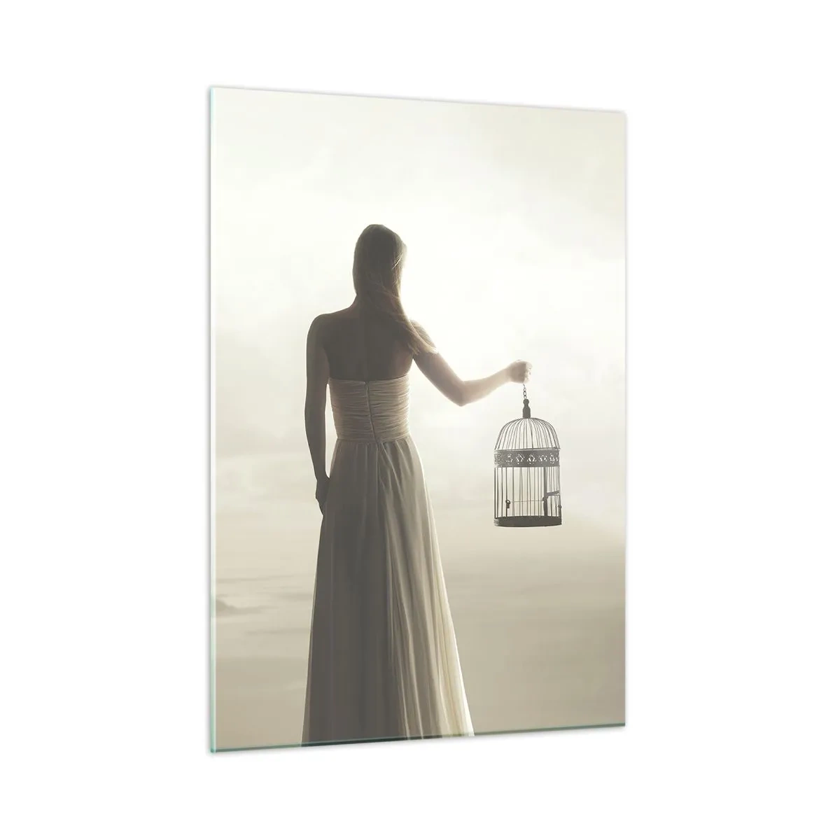 Cuadro sobre vidrio - Impresiones sobre Vidrio - Una mujer con una jaula mirando a los pájaros volar hacia el cielo. - 50x70cm - Sé libre - Decoración de pared moderna para salón y dormitorio ARTTOR