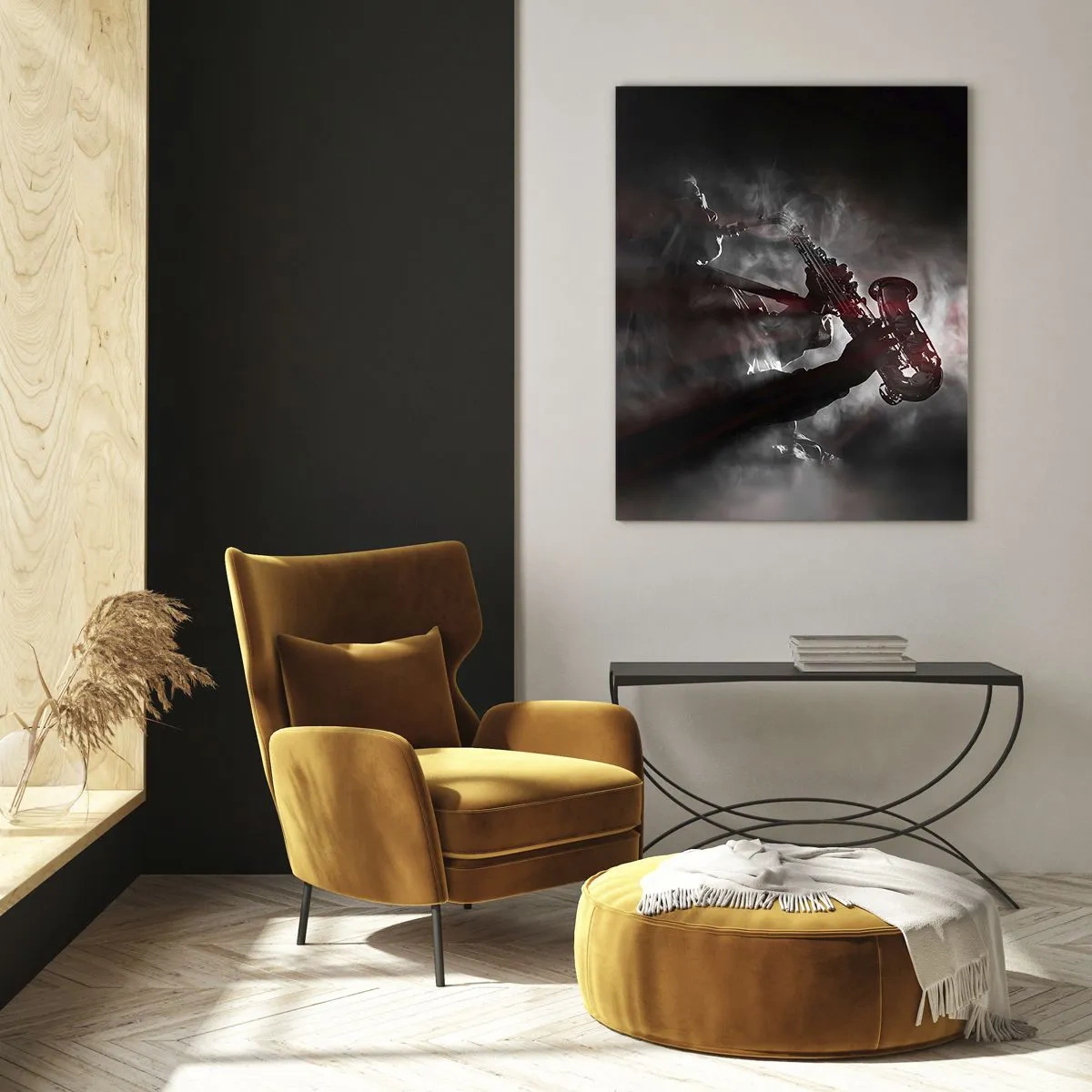 Cuadro sobre vidrio - Impresiones sobre Vidrio - Saxofonista en humo en el escenario en negro y rojo atmosférico - 70x100cm - En el vapor del jazz - Decoración de pared moderna para salón y dormitorio ARTTOR