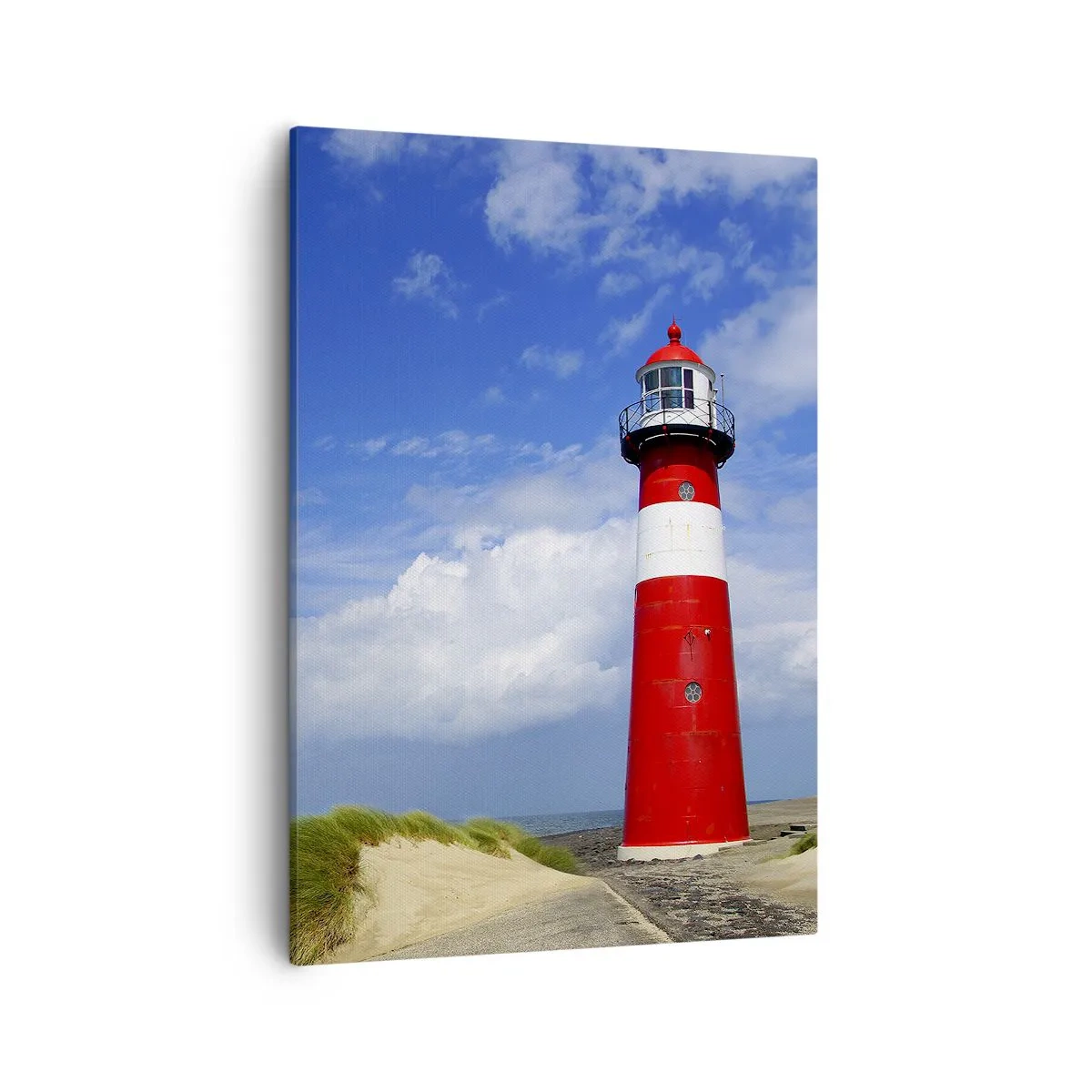Cuadro sobre lienzo - Impresión de Imagen - Faro rojo en la playa bajo un cielo azul - 50x70cm - Una soledad de ensueño - Decoración de pared moderna para salón y dormitorio ARTTOR