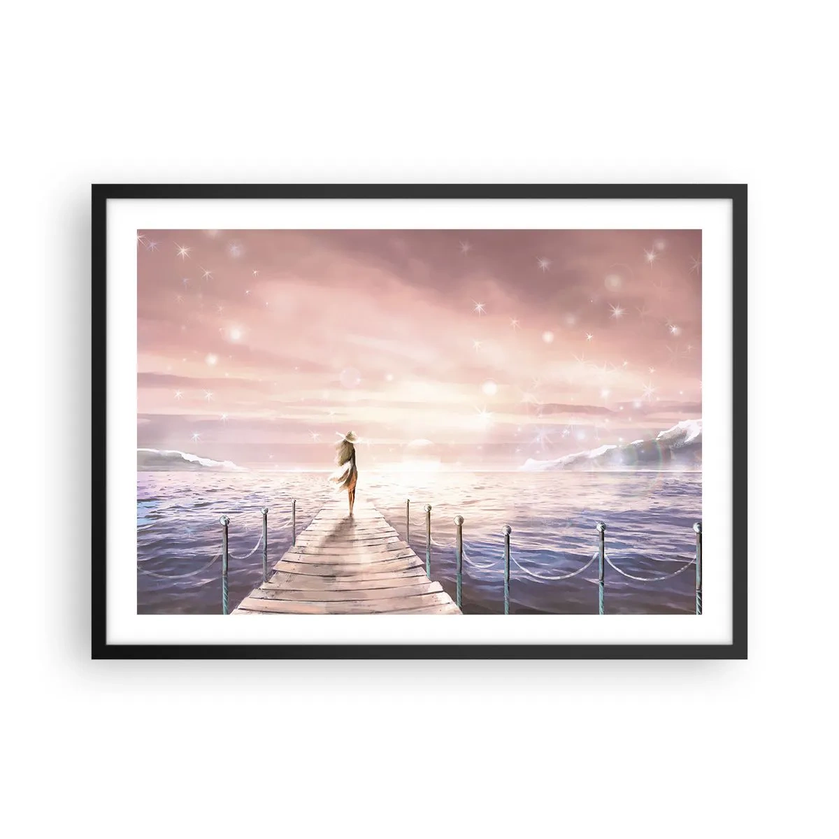 Póster en marco negro - Una mujer en un embarcadero en un entorno mágico de puesta de sol. - 70x50cm - A la luz de un sueño - Decoración de pared moderna para salón y dormitorio ARTTOR