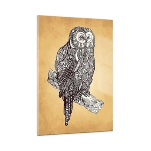 Cuadro sobre vidrio - Impresiones sobre Vidrio - Búho de estilo ornamental sobre fondo sepia - 50x70cm - Intrincados ornamentos de sabiduría - Decoración de pared moderna para salón y dormitorio ARTTOR