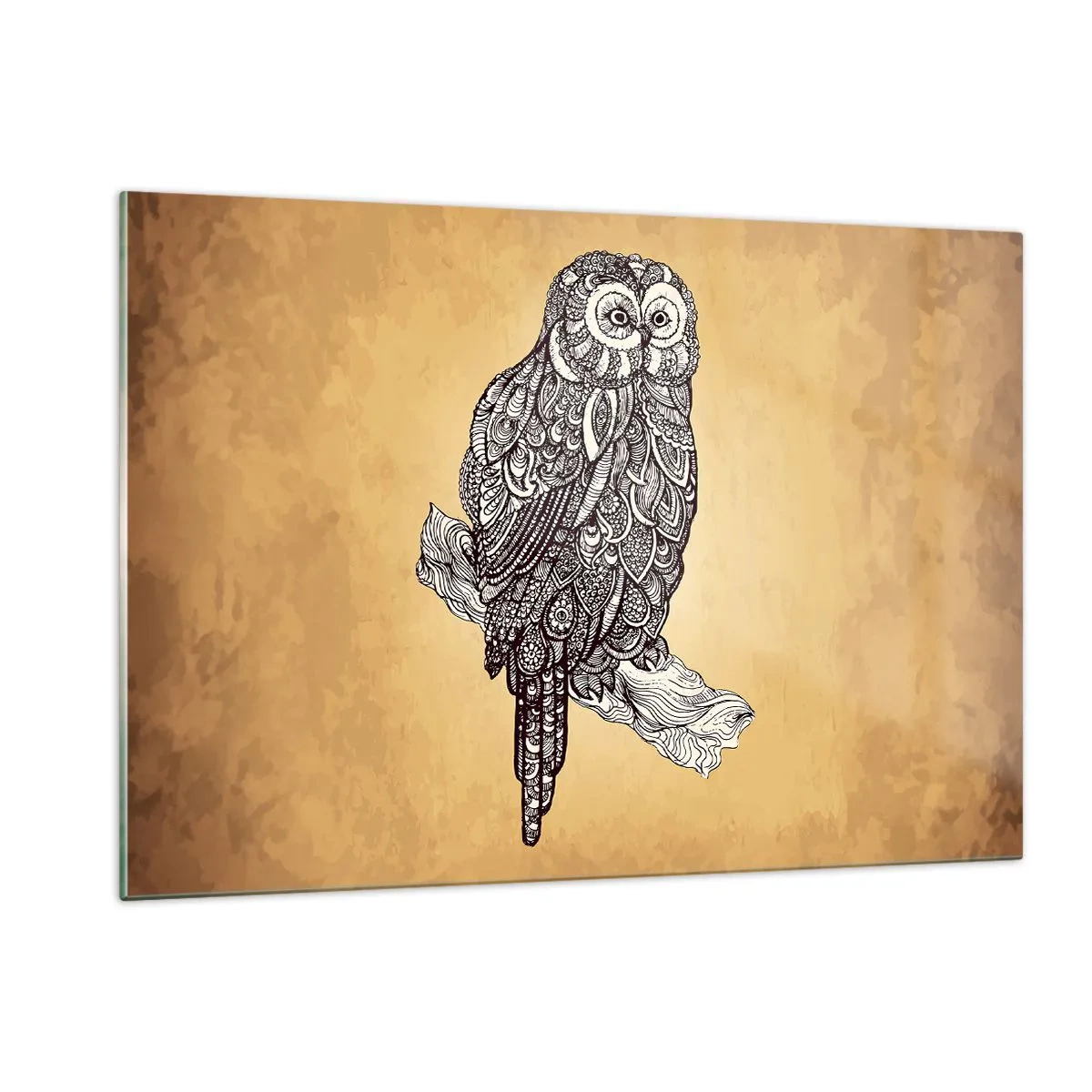 Cuadro sobre vidrio - Impresiones sobre Vidrio - Búho de estilo ornamental sobre fondo sepia - 120x80cm - Intrincados ornamentos de sabiduría - Decoración de pared moderna para salón y dormitorio ARTTOR