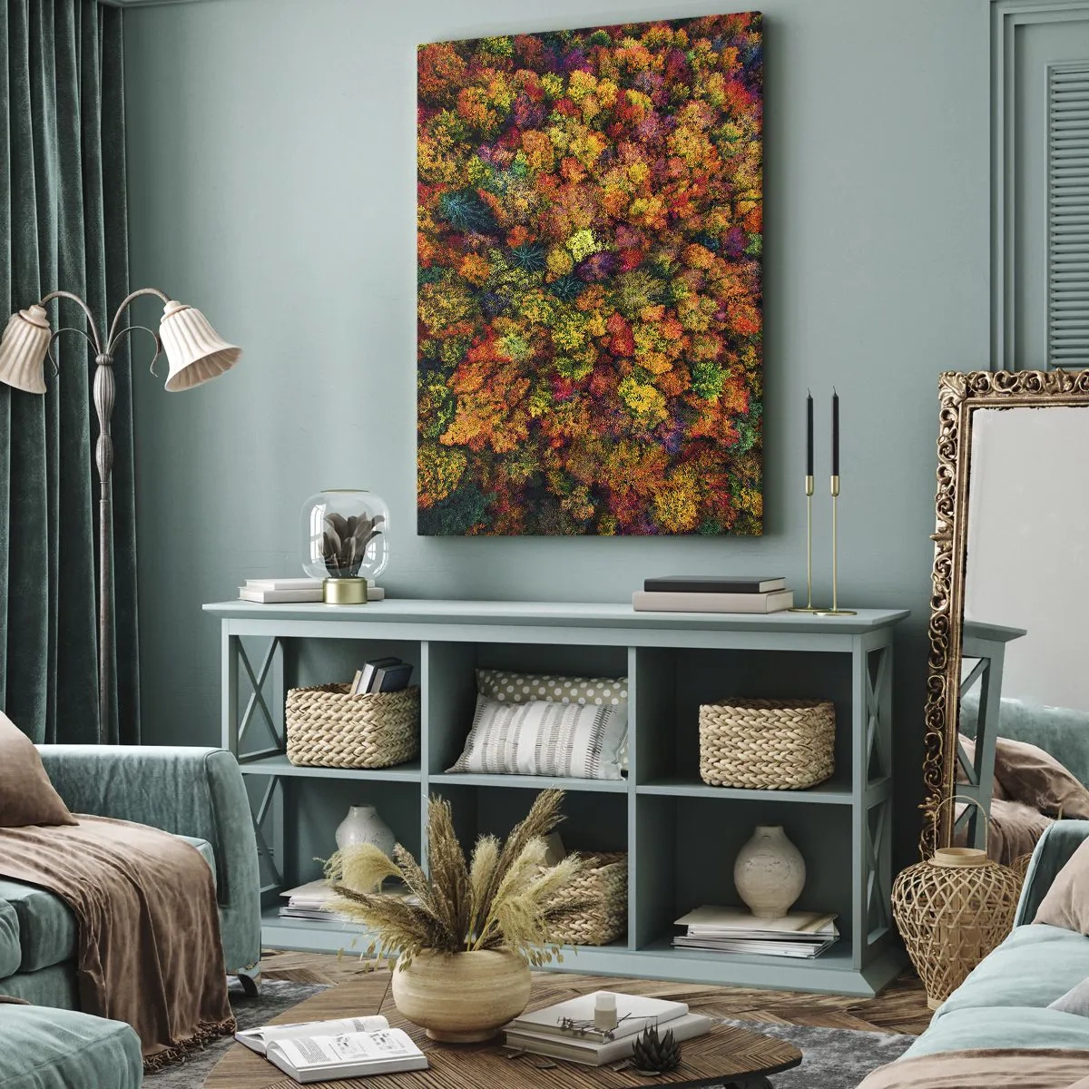 Cuadro sobre lienzo - Impresión de Imagen - Copas de árboles coloridas en la paleta otoñal - 50x70cm - Un ramo de árboles otoñales - Decoración de pared moderna para salón y dormitorio ARTTOR