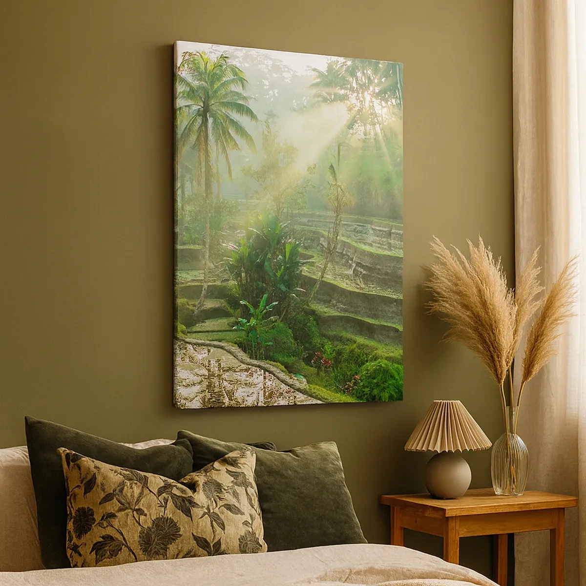 Cuadro sobre lienzo - Impresión de Imagen - Terrazas de arroz con palmeras bajo los rayos del sol - 50x70cm - Crecer bajo el sol - Decoración de pared moderna para salón y dormitorio ARTTOR