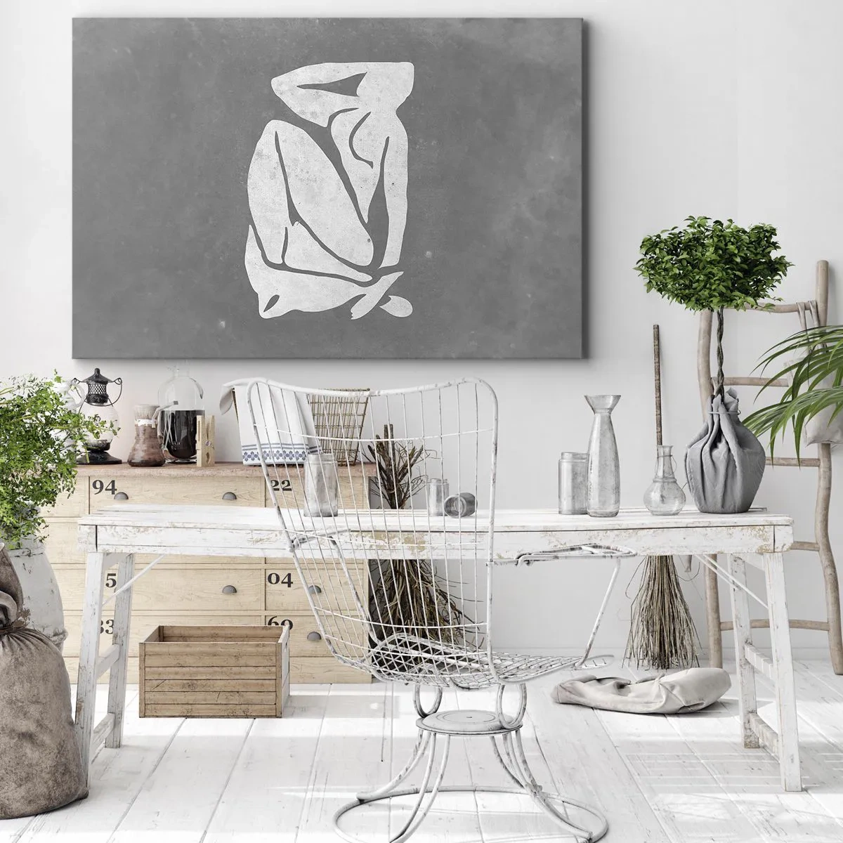 Cuadro sobre lienzo - Impresión de Imagen - Un dibujo de silueta minimalista sobre un fondo gris. - 70x50cm - En sus pensamientos - Decoración de pared moderna para salón y dormitorio ARTTOR
