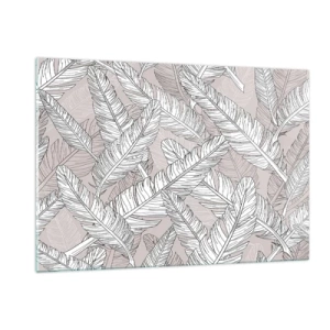 Cuadro sobre vidrio - Impresiones sobre Vidrio - Hojas en blanco y negro sobre un fondo beige en un estilo gráfico. - 120x80cm - Turbulencias de plumas - Decoración de pared moderna para salón y dormitorio ARTTOR