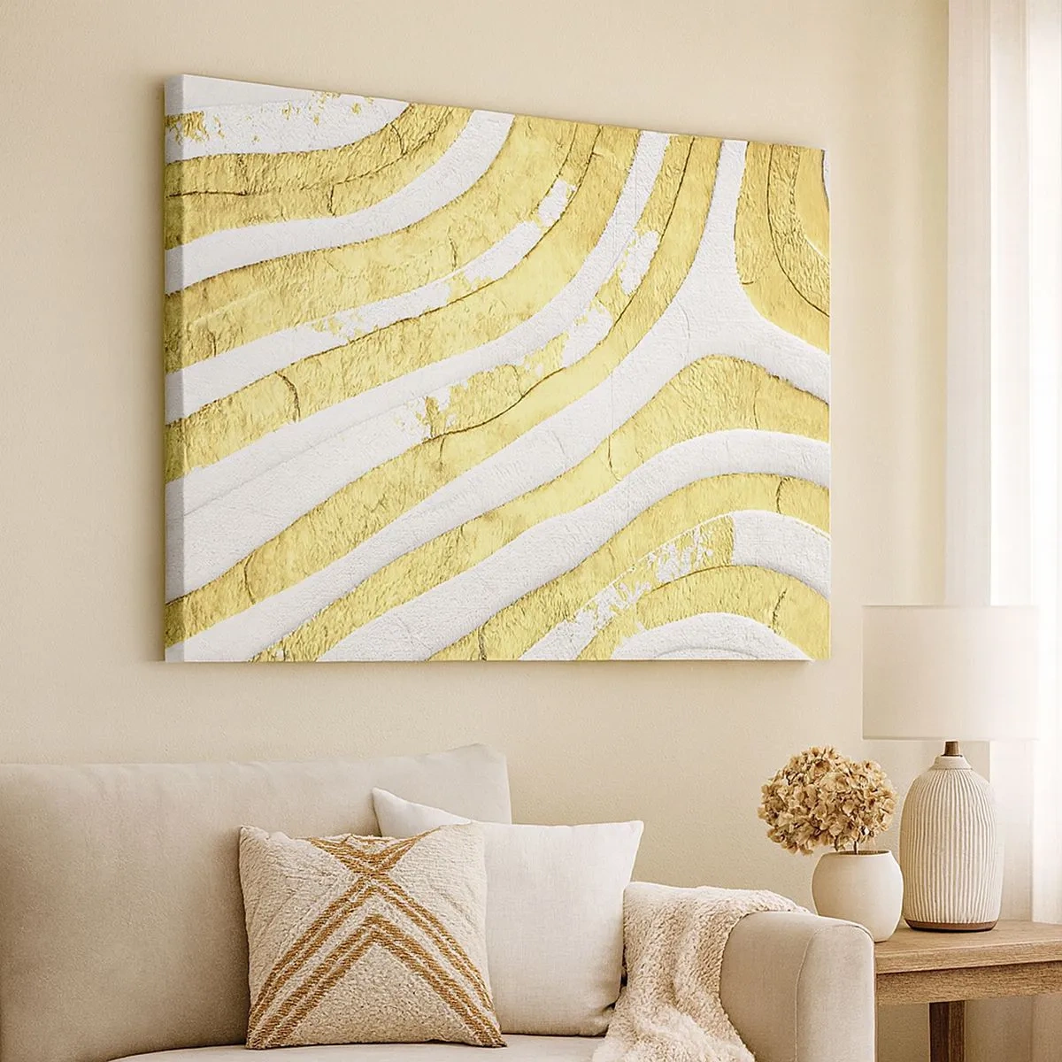 Cuadro sobre lienzo - Impresión de Imagen - Líneas abstractas doradas y blancas en una textura 3D - 70x50cm - Una composición en blanco y oro - Decoración de pared moderna para salón y dormitorio ARTTOR