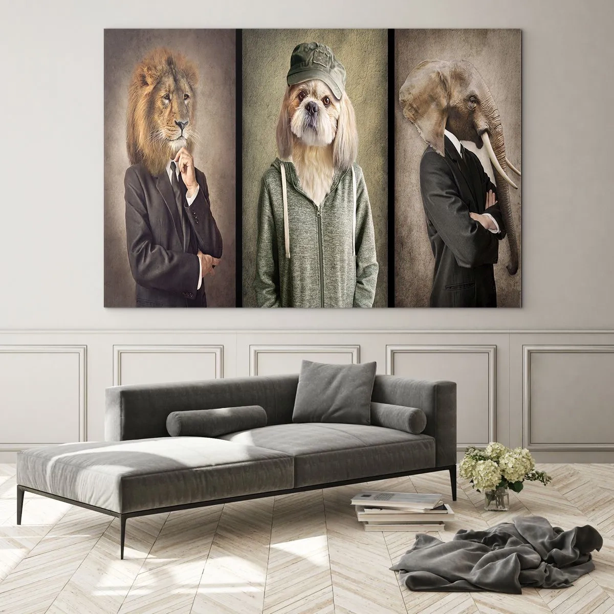 Cuadro sobre vidrio - Impresiones sobre Vidrio - Tres animales en varios estilos, desde elegantes hasta casuales. - 120x80cm - Prefiero tomármelo con calma - Decoración de pared moderna para salón y dormitorio ARTTOR