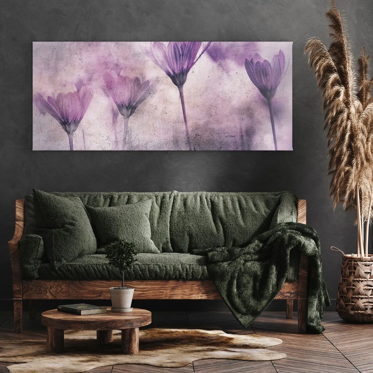 Cuadro sobre lienzo - Impresión de Imagen - Delicadas flores en tonos morados sobre un fondo claro. - 160x50cm - Sueño de flores - Decoración de pared moderna para salón y dormitorio ARTTOR