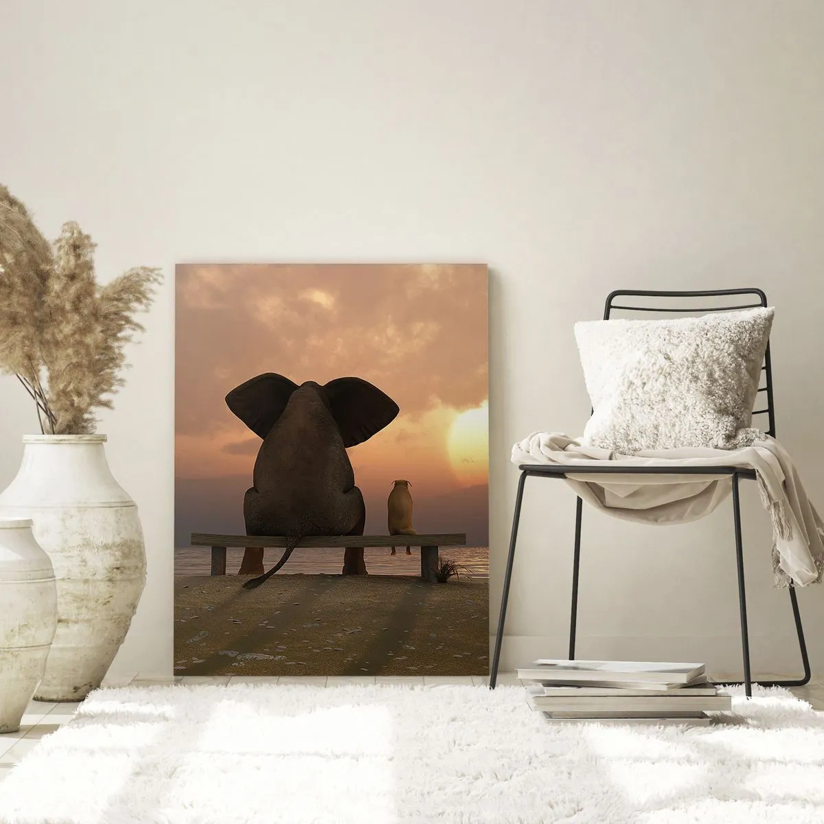 Cuadro sobre vidrio - Impresiones sobre Vidrio - Elefante y perro en un banco al atardecer - 50x70cm - Es bueno estar en silencio juntos - Decoración de pared moderna para salón y dormitorio ARTTOR