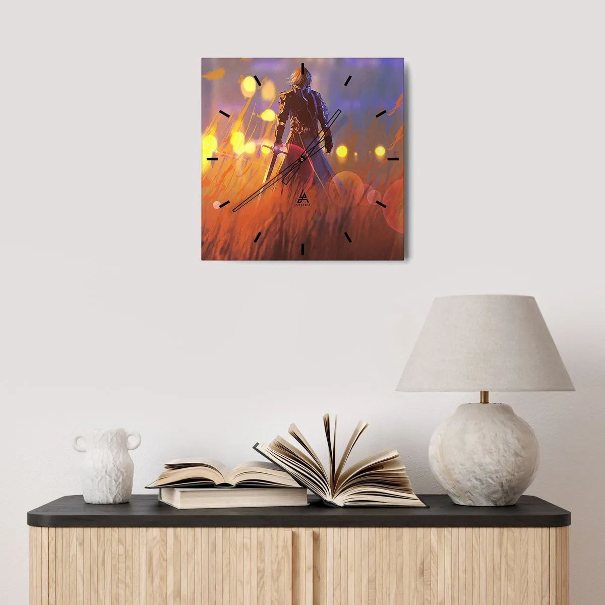 Reloj de pared - Reloj de vidrio - La figura de un caballero a la luz del sol poniente en un campo. - 30x30cm - El caballero equivocado - Decoración de pared moderna para salón y dormitorio ARTTOR
