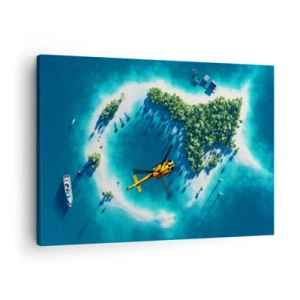 Cuadro sobre lienzo - Impresión de Imagen - Una isla tropical rodeada de agua turquesa con un helicóptero a la vista. - 70x50cm - Cómprate una isla - Decoración de pared moderna para salón y dormitorio ARTTOR