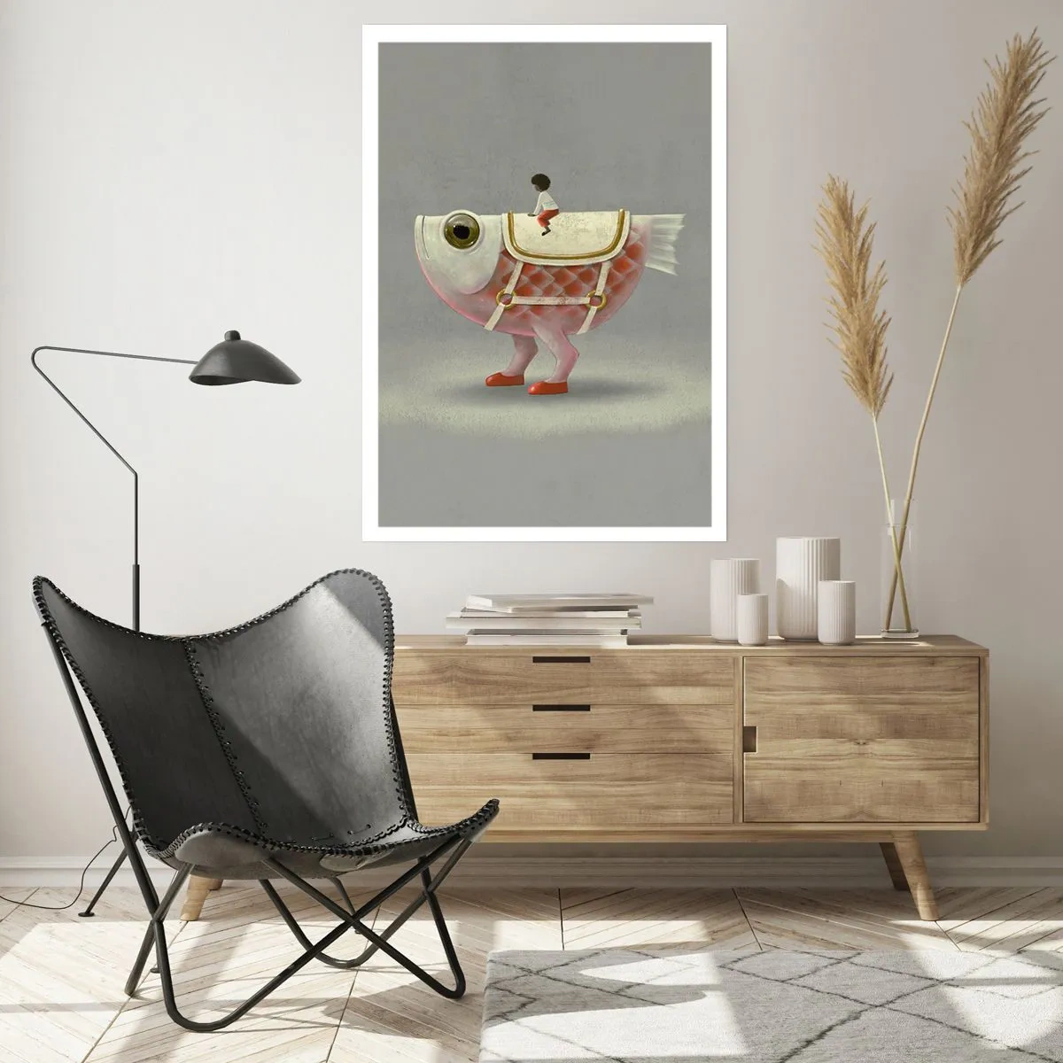 Póster - Un pez de fantasía con una silla de montar y una figura sobre un fondo gris. - 50x70cm - Jinete del pescado - Decoración de pared moderna para salón y dormitorio ARTTOR