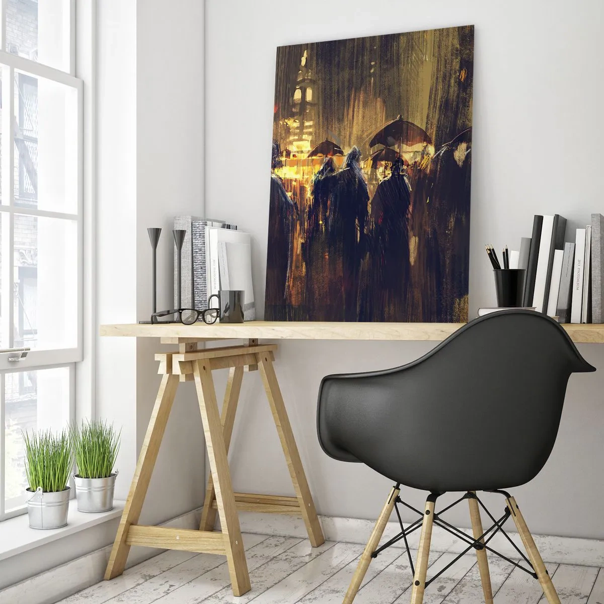 Cuadro sobre vidrio - Impresiones sobre Vidrio - Una multitud con paraguas bajo la lluvia con el telón de fondo de las luces de la ciudad. - 50x70cm - Seguidores de la lluvia - Decoración de pared moderna para salón y dormitorio ARTTOR
