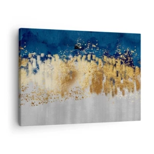 Cuadro sobre lienzo - Impresión de Imagen - Una composición abstracta en tonos dorados y azul marino. - 70x50cm - Composición moderna con chispas - Decoración de pared moderna para salón y dormitorio ARTTOR
