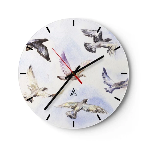 Reloj de pared - Reloj de vidrio - Una bandada de pájaros en vuelo sobre un fondo de delicados tonos azules. - 30x30cm - Libertad en gris y azul - Decoración de pared moderna para salón, cocina y dormitorio ARTTOR