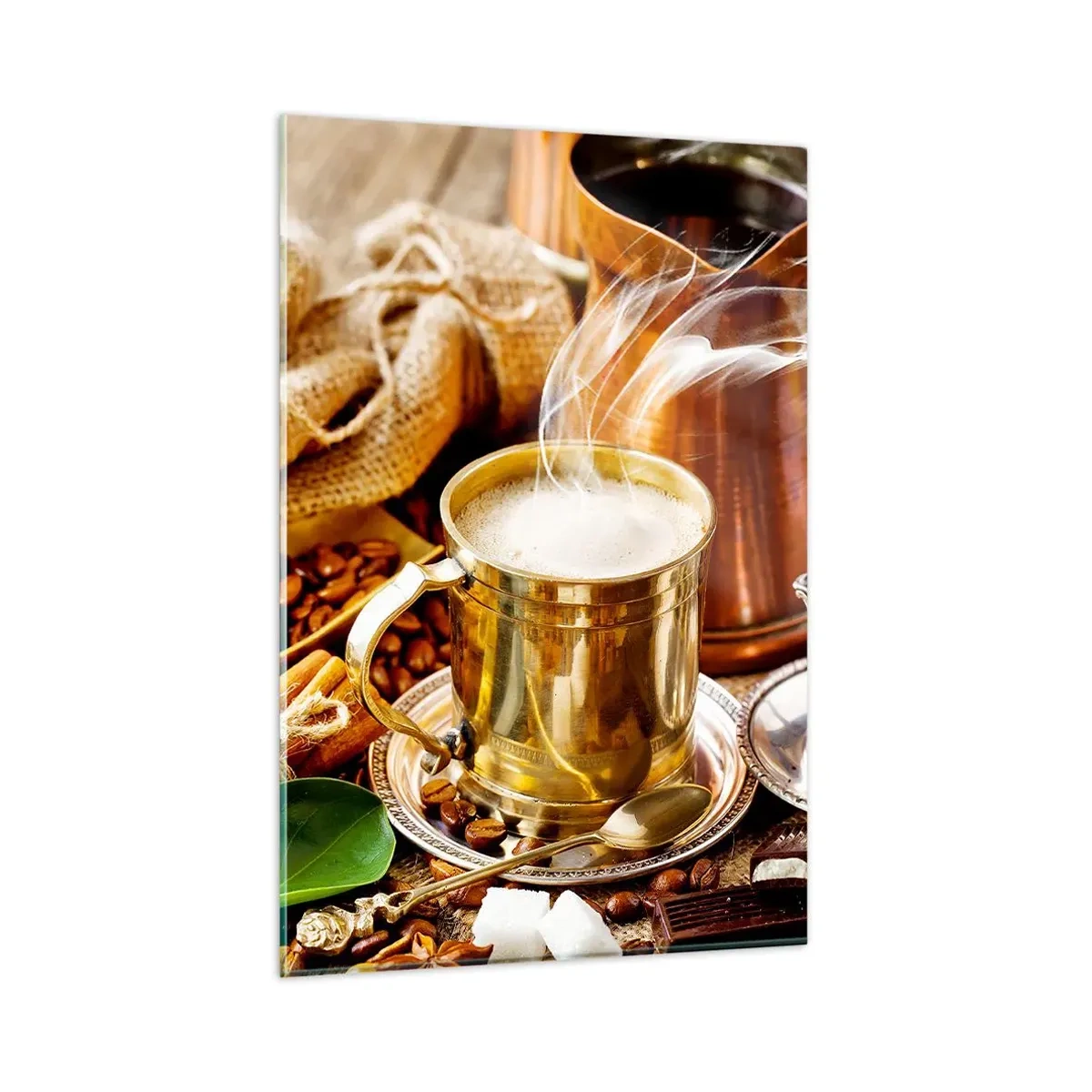 Cuadro sobre vidrio - Impresiones sobre Vidrio - Una taza de café dorada rodeada de granos, jarras y croissants. - 80x120cm - Que tengas un buen día - Decoración de pared moderna para salón y dormitorio ARTTOR