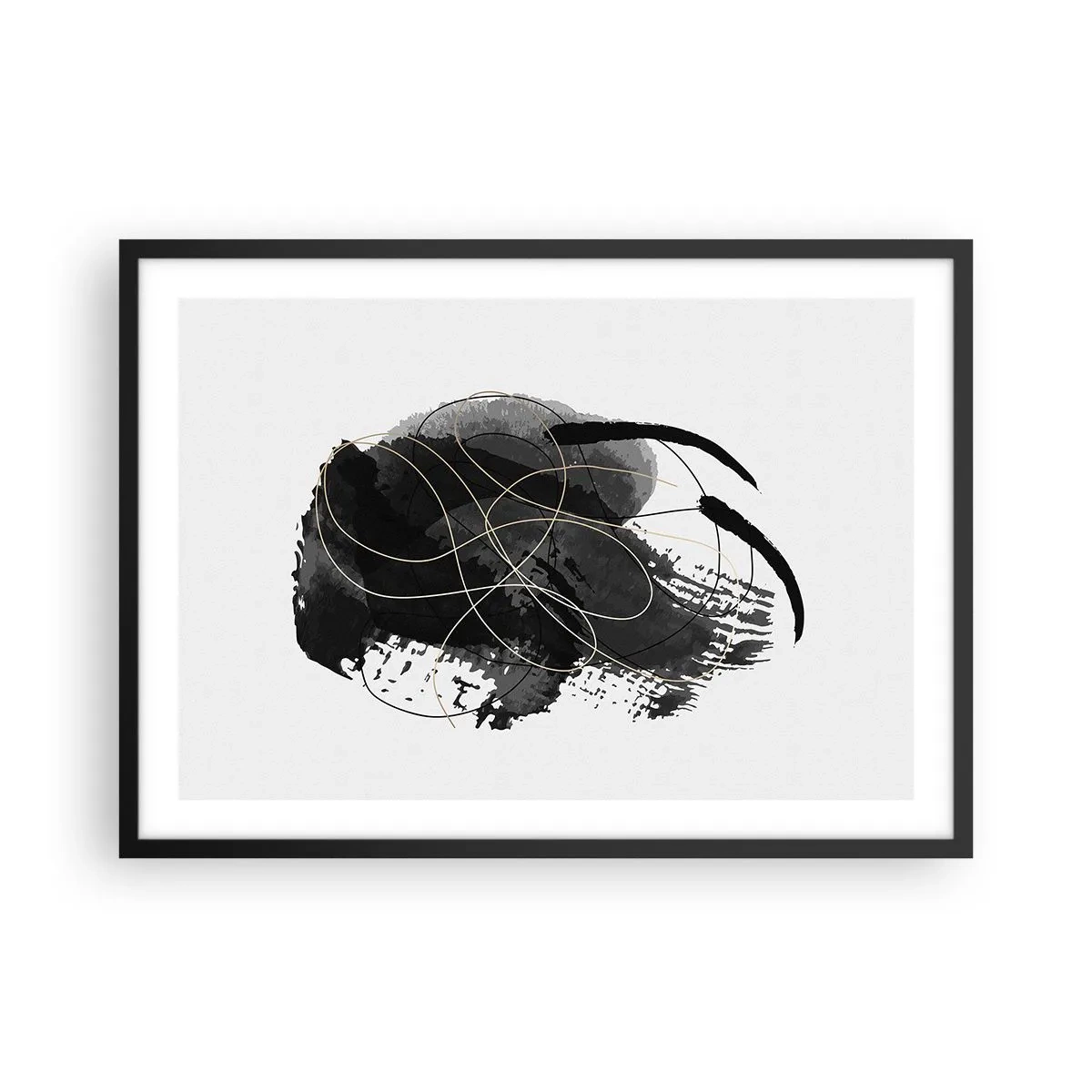 Póster en marco negro - Abstracción en negro y dorado sobre fondo blanco. - 70x50cm - Salió de la negrura - Decoración de pared moderna para salón y dormitorio ARTTOR