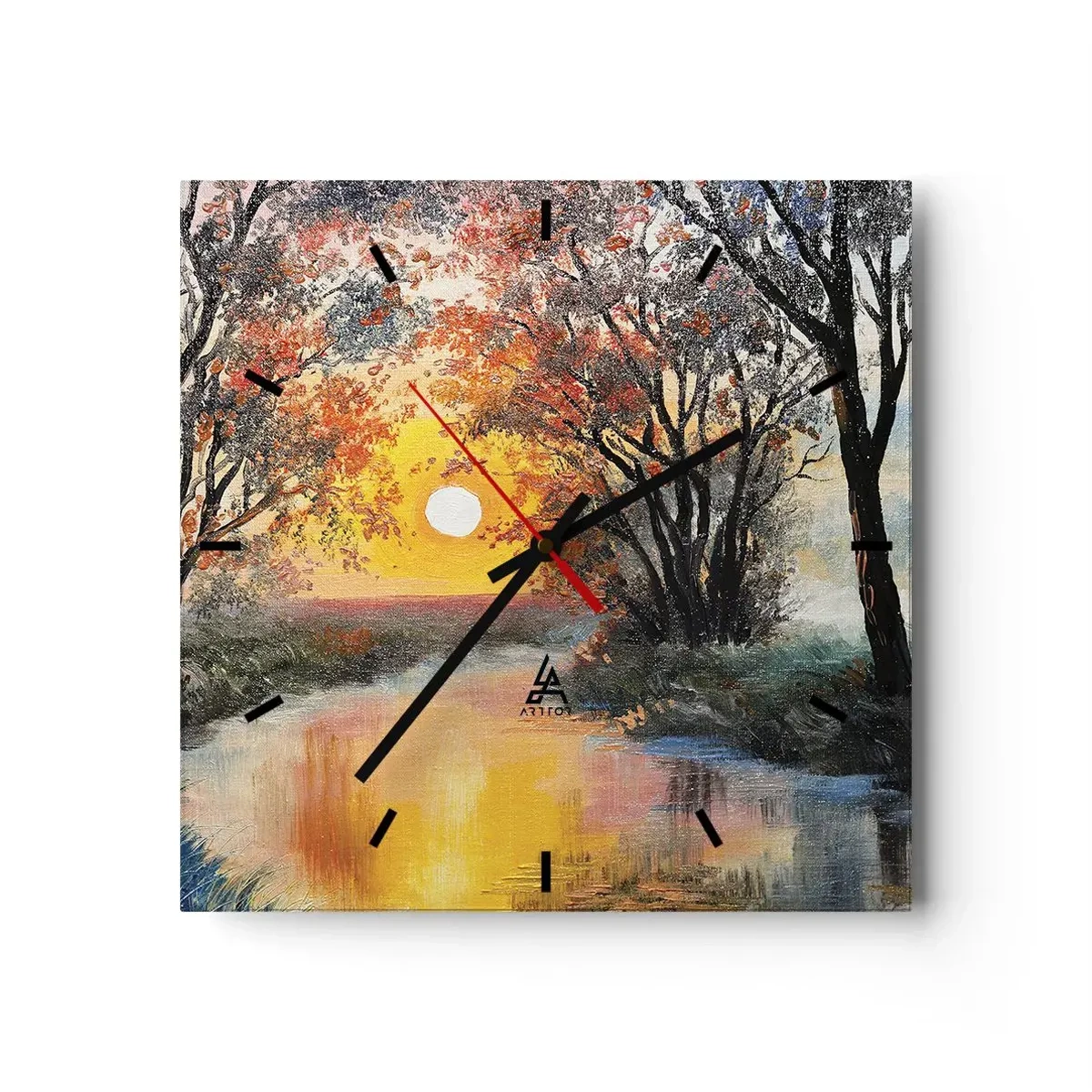 Reloj de pared - Reloj de vidrio - Puesta de sol sobre el río en un paisaje otoñal - 30x30cm - Ambiente otoñal - Decoración de pared moderna para salón y dormitorio ARTTOR