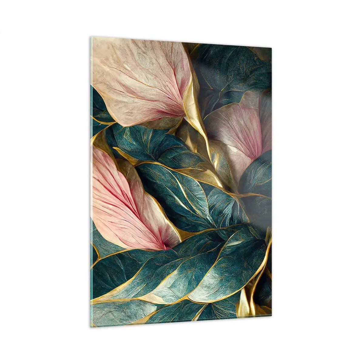 Cuadro sobre vidrio - Impresiones sobre Vidrio - Hojas verdes y rosas con acentos dorados. - 50x70cm - Elegancia y estilo naturales - Decoración de pared moderna para salón y dormitorio ARTTOR