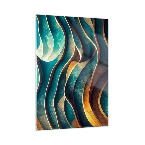 Cuadro sobre vidrio - Impresiones sobre Vidrio - Líneas dinámicas en azul y cobre que crean ondas. - 50x70cm - Meandros de azul - Decoración de pared moderna para salón y dormitorio ARTTOR