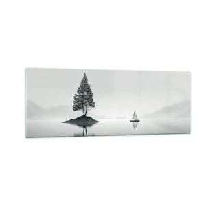 Cuadro sobre vidrio - Impresiones sobre Vidrio - Un paisaje minimalista con un árbol en una isla y un velero. - 140x50cm - Un sueño hecho realidad - Decoración de pared moderna para salón y dormitorio ARTTOR