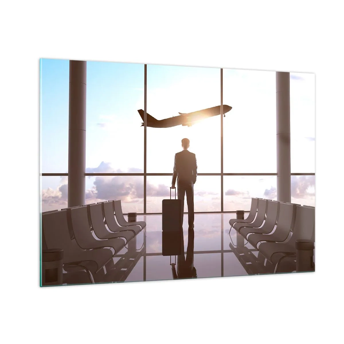 Cuadro sobre vidrio - Impresiones sobre Vidrio - Un hombre con una maleta en el aeropuerto viendo despegar un avión. - 100x70cm - Tienes tiempo, tranquilo - Decoración de pared moderna para salón y dormitorio ARTTOR