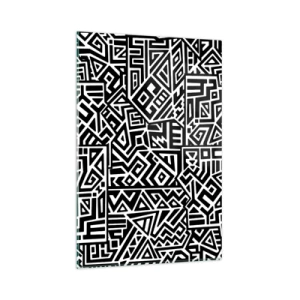 Cuadro sobre vidrio - Impresiones sobre Vidrio - Patrones geométricos en blanco y negro inspirados en la cultura precolombina. - 80x120cm - Composición precolombina - Decoración de pared moderna para salón y dormitorio ARTTOR