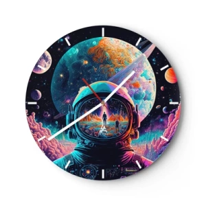 Reloj de pared - Reloj de vidrio - Astronauta en el espacio colorido con reflejo del planeta. - 30x30cm - Sueños de niño - Decoración de pared moderna para salón, cocina y dormitorio ARTTOR