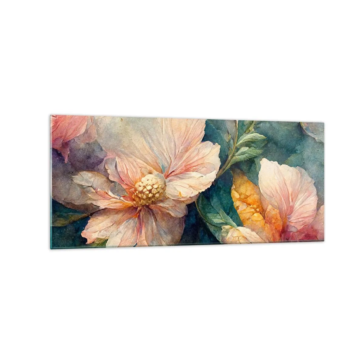 Cuadro sobre vidrio - Impresiones sobre Vidrio - Delicadas flores en colores pastel. - 120x50cm - La sutileza misma - Decoración de pared moderna para salón y dormitorio ARTTOR