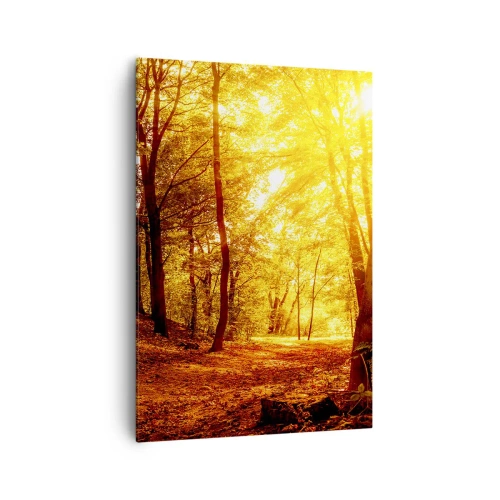 Cuadro sobre lienzo - Impresión de Imagen - Claro de otoño bajo la luz dorada del sol con un sendero forestal - 70x100cm - Hacia un claro de oro - Decoración de pared moderna para salón y dormitorio ARTTOR