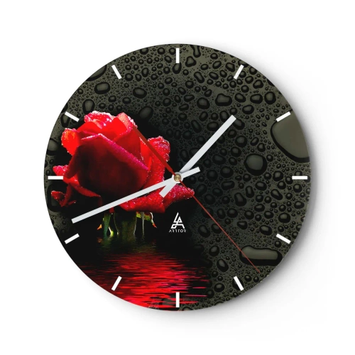 Reloj de pared - Reloj de vidrio - Rosa roja con gotas de agua sobre fondo negro - 30x30cm - Rojo y negro - Decoración de pared moderna para salón, cocina y dormitorio ARTTOR