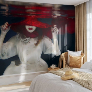 Fotomural Autadhesivo Deluxe Sticker - Blanco y rojo - Abstracción, mujer con sombrero, Pedazo - 100x70 cm