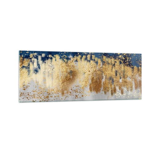 Cuadro sobre vidrio - Impresiones sobre Vidrio - Una composición abstracta en tonos dorados y azul marino. - 140x50cm - Composición moderna con chispas - Decoración de pared moderna para salón y dormitorio ARTTOR