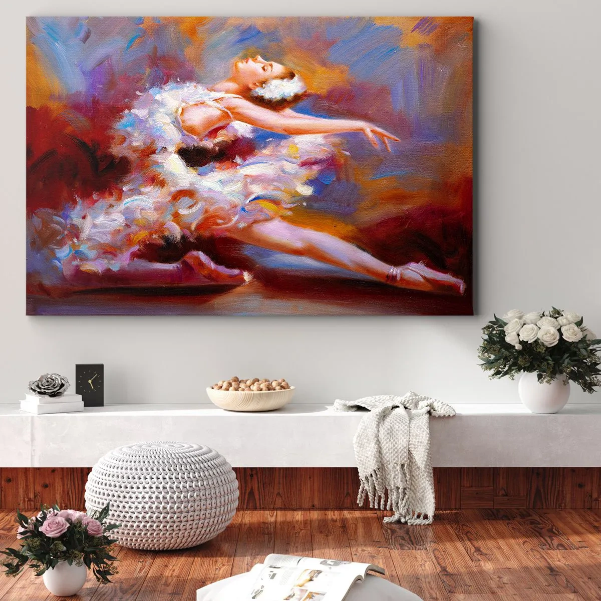 Cuadro sobre lienzo - Impresión de Imagen - Una bailarina en pose dinámica entre colores pastel. - 100x70cm - El lago de los cisnes - Decoración de pared moderna para salón y dormitorio ARTTOR