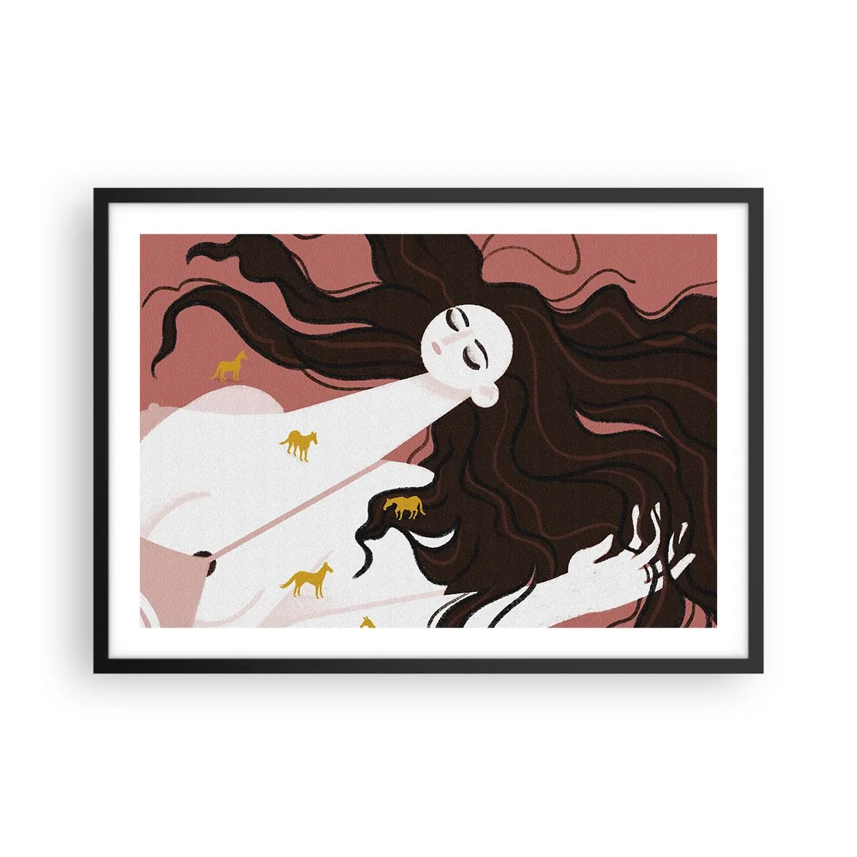 Póster en marco negro - Una figura con los ojos cerrados rodeada de caballos dorados. - 70x50cm - Sueño de caballos dorados - Decoración de pared moderna para salón y dormitorio ARTTOR