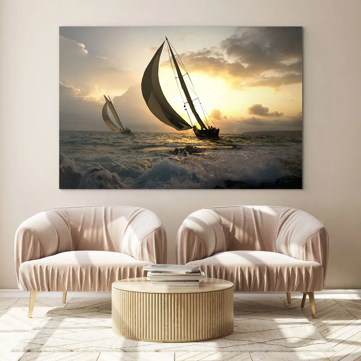 Cuadro sobre vidrio - Impresiones sobre Vidrio - Veleros en un mar tempestuoso durante la puesta de sol - 70x50cm - En contra y a favor del viento - Decoración de pared moderna para salón y dormitorio ARTTOR