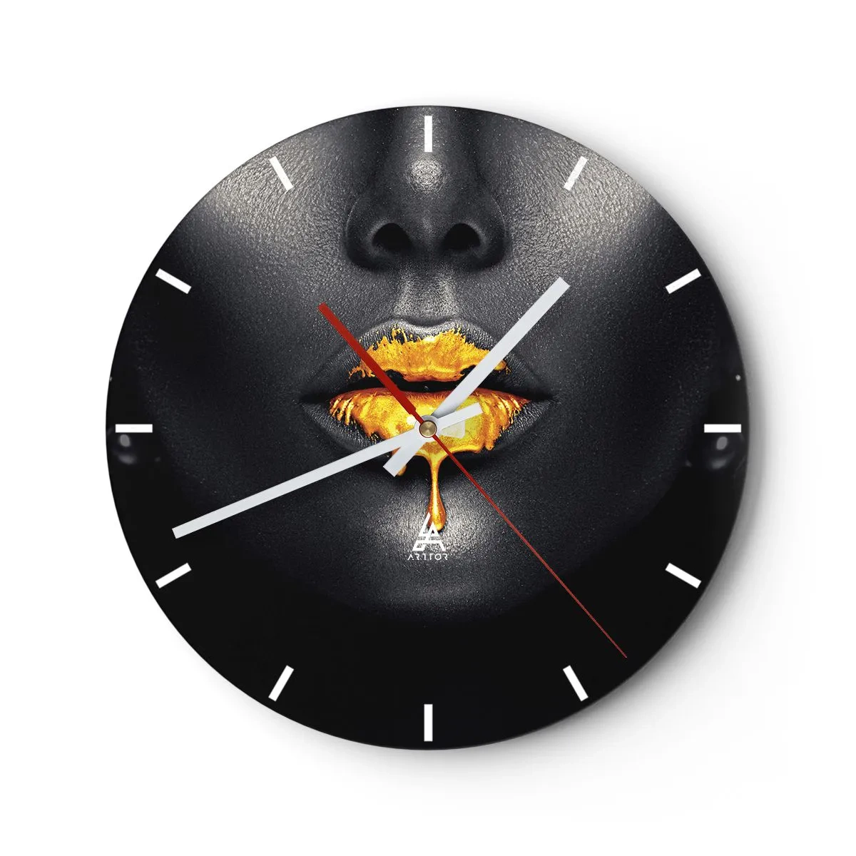 Reloj de pared - Reloj de vidrio - Labios dorados sobre un fondo negro en un estilo artístico. - 30x30cm - Labios de oro - Decoración de pared moderna para salón, cocina y dormitorio ARTTOR