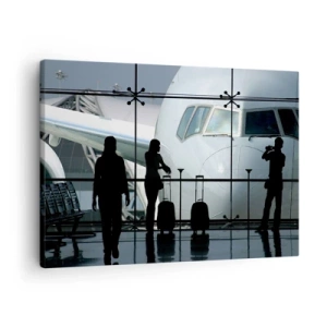 Cuadro sobre lienzo - Impresión de Imagen - Aeropuerto con siluetas de personas y una vista del avión. - 70x50cm - Vis a vis en el aeropuerto - Decoración de pared moderna para salón y dormitorio ARTTOR