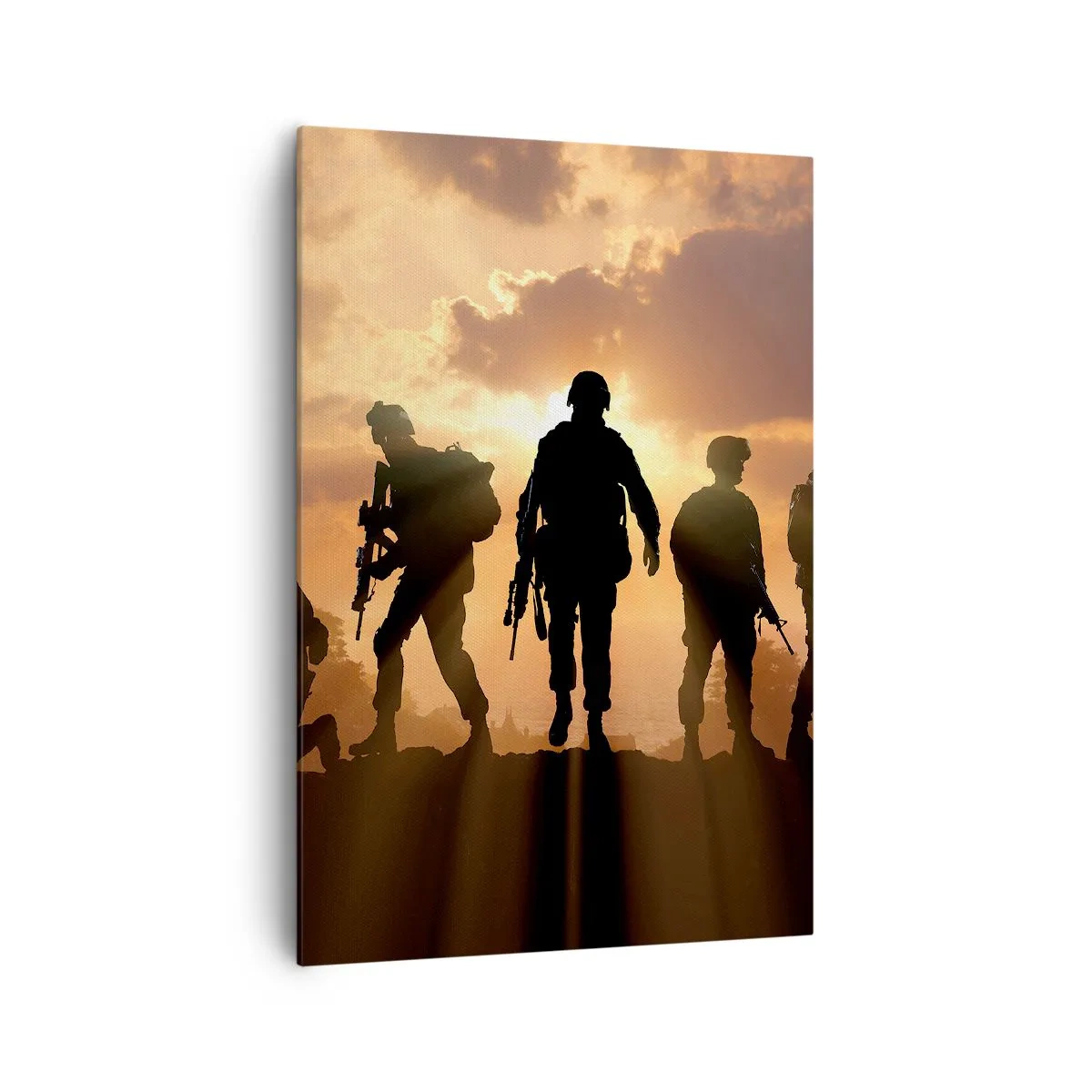Cuadro sobre lienzo - Impresión de Imagen - Soldados con el sol poniente como telón de fondo en un entorno dinámico. - 70x100cm - Hermanos de armas - Decoración de pared moderna para salón y dormitorio ARTTOR