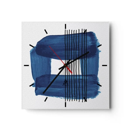 Reloj de pared - Reloj de vidrio - Patrón abstracto en tonos azules con líneas negras. - 30x30cm - Composición azul y negra - Decoración de pared moderna para salón y dormitorio ARTTOR