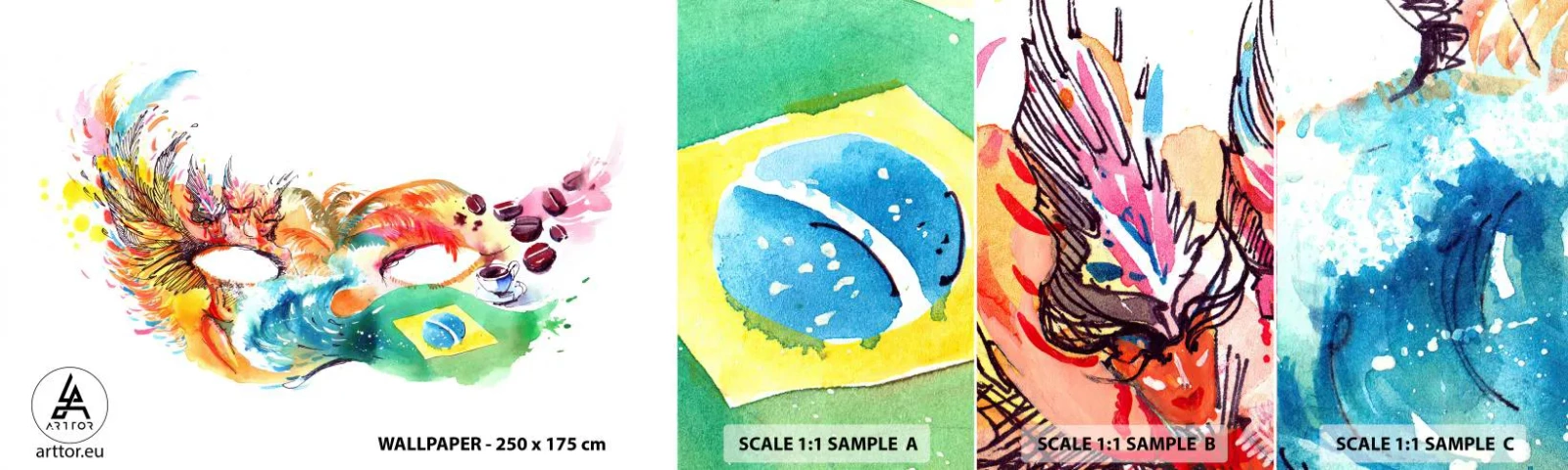 Muestra de fotomural autoadhesivo Deluxe Sticker - Brasil te recibe con samba - Capucha, Carnaval, Abstracción - 100x30 cm