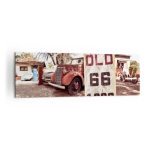 Cuadro sobre lienzo - Impresión de Imagen - Coche retro y cartel de la Ruta 66 en un entorno rústico - 160x50cm - Una leyenda de la América profunda - Decoración de pared moderna para salón y dormitorio ARTTOR