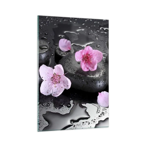 Cuadro sobre vidrio - Impresiones sobre Vidrio - Piedras negras y flores rosas estilo spa - 80x120cm - Y una piedra cae del corazón - Decoración de pared moderna para salón y dormitorio ARTTOR