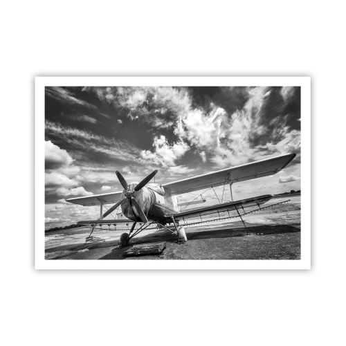 Póster - Un avión antiguo en el aeropuerto en blanco y negro. - 100x70cm - No puedo esperar - Decoración de pared moderna para salón y dormitorio ARTTOR