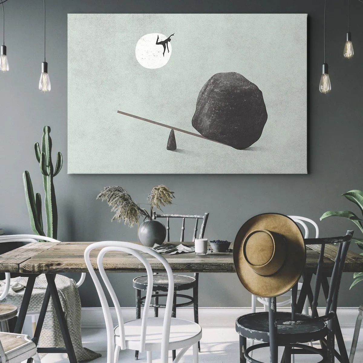Cuadro sobre lienzo - Impresión de Imagen - Una escena simbólica con una figura y un equilibrio contra un cielo brillante. - 70x50cm - Un sueño hecho realidad - Decoración de pared moderna para salón y dormitorio ARTTOR