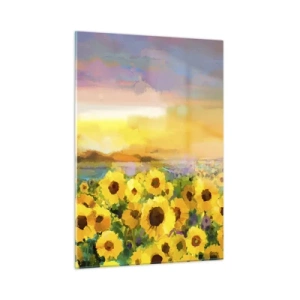 Cuadro sobre vidrio - Impresiones sobre Vidrio - Un campo de girasoles a la luz del sol poniente. - 50x70cm - El propio sol ha bajado a la Tierra - Decoración de pared moderna para salón y dormitorio ARTTOR